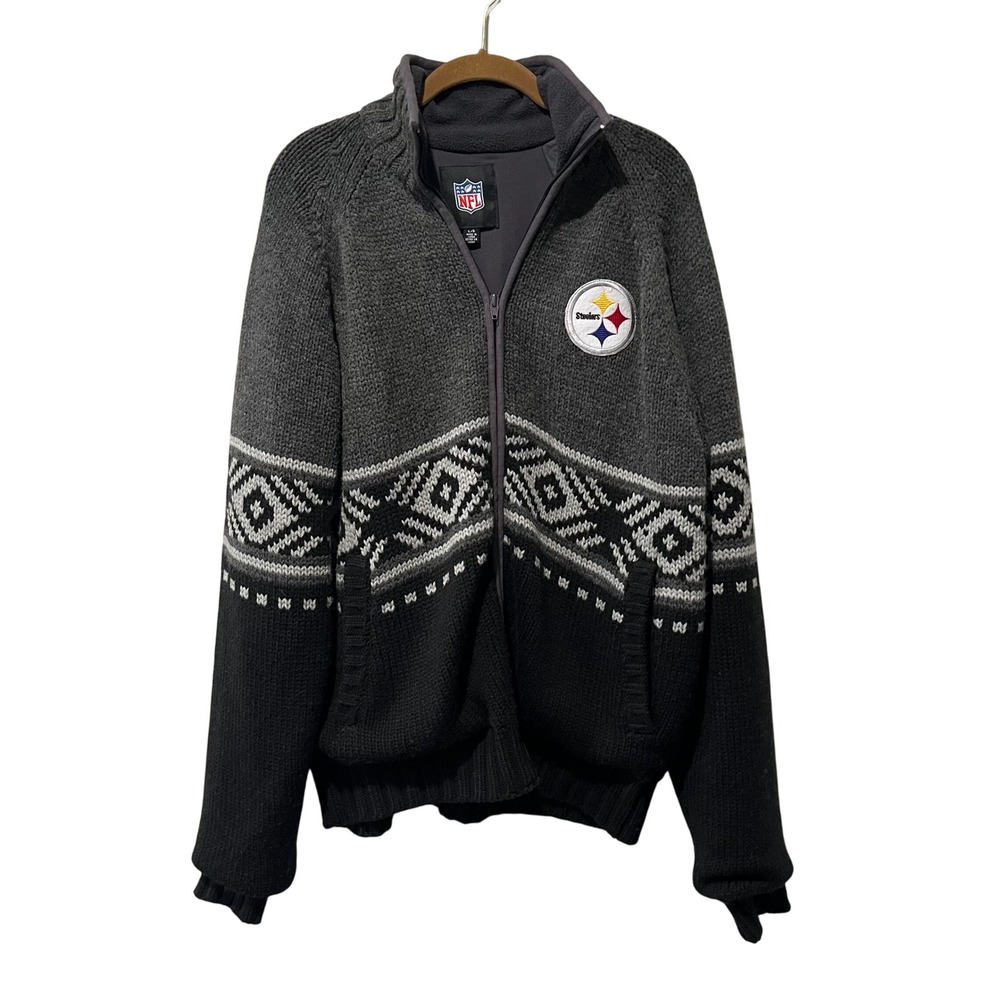 NFL Pittsburgh Steelers Mens Knit Full Zip Jacket Large Grey Fair Isle Wool‎